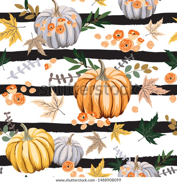 ストライプの背景に秋のオレンジのカボチャ 花 葉 ベクターシームレスなパターン 秋の季節のイラスト 10月の収穫 有機野菜園食品 自然のデザイン 感謝祭 のベクター画像素材 ロイヤリティフリー