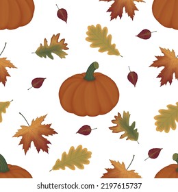 Autumn orange pumpkins, leaves, white background. Vector seamless pattern. Fall season illustration. October harvest. Organic vegetable garden food. Nature design. Thanksgiving day