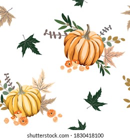 Autumn orange pumpkins, maple leaves, white background. Vector seamless pattern. Halloween illustration. October harvest. Organic vegetable garden food. Nature design. Thanksgiving day. Fall season