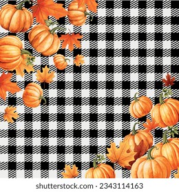 Autumn orange pumpkins on a plaid. Perfect for fall, Thanksgiving, Halloween, holidays, fabric, textile. Seamless repeat swatch