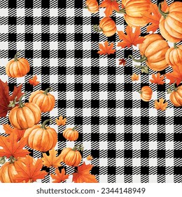 Autumn orange pumpkins on a plaid. Perfect for fall, Thanksgiving, Halloween, holidays, fabric, textile. Seamless repeat swatch