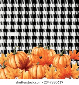 Autumn orange pumpkins on a plaid. Perfect for fall, Thanksgiving, Halloween, holidays, fabric, textile. Seamless repeat swatch