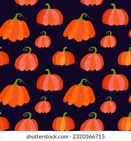 Autumn orange pumpkins pattern on dark background. Vector illustration