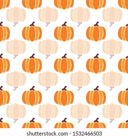 Autumn orange pumpkins reflected on white background. Vector seamless pattern. Halloween illustration. October harvest. Organic vegetable garden food. Nature design. Thanksgiving day. Fall season