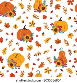 Autumn orange pumpkins sunflowers and colorful leaves on a white background. Vector seamless pattern. Fall season illustration. Texture for fabric, textile, wrapping paper, wallpaper surface design.