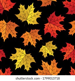 Autumn orange, red and yellow maple leaves. Seamless pattern background. Vector illustration.