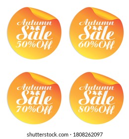Autumn orange sale stickers set 50%, 60%, 70%, 80% off. Vector illustration