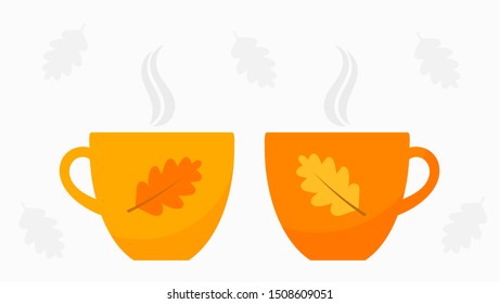 Autumn orange two cups of tea or coffee. Vector illustration.
