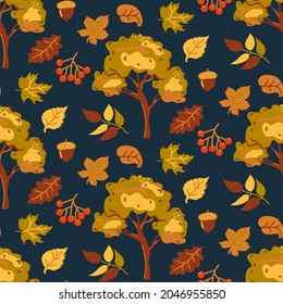 Autumn orange and yellow leaves and autumn trees on a dark background seamless pattern. Autumn background.Abstract art leaf background vector.Red, yellow, orange, blue, green, gold color.
