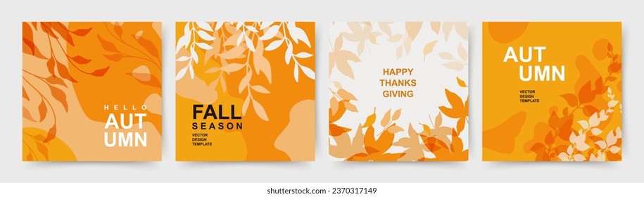 Autumn orange yellow square backgrounds. Minimalistic style with floral elements and texture. Editable vector template for card, banner, invitation, social media post, poster, mobile app, web ads