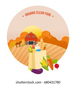 Autumn organic clean food. Farmer, farmland, village with gardens, greenery, harvest and grain, hay, organic eco products. Agriculture, farming. Autumn rural landscape. Vector illustration isolated.