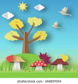 Paisaje de Origami de otoño con nubes, sol, hongos, hojas, pájaros, árboles, concepto de papel abstracto artesanal. Corte con elementos. Plantilla de recorte de la naturaleza. Diseño artístico de ilustraciones vectoriales.