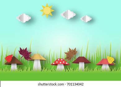 Autumn Origami Landscape With Clouds, Sun, Mushrooms, Birds, Leaves, Crafted Abstract Paper Concept. Cut Applique Scene With Elements. Quality Cutout Template. Vector Illustrations Art Design.