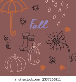 Autumn ornament vector illustration hand drawn background. Drawn in  boho style umbrella, pumpkins, chestnut, rain, autumn, leaves, sunflower rubber boots and the inscription Fall, festive template 