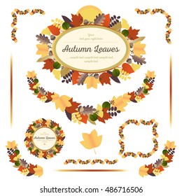 Autumn Ornaments.
Hand drawn vector illustration of garlands made of colorful leaves, berries and Harvest Moon - design elements on transparent background.
