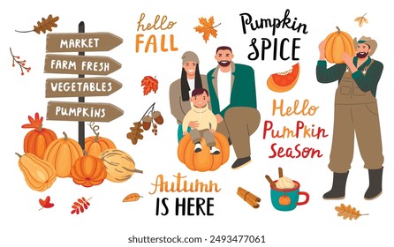 Autumn outdoor activities illustrations set with handwritten.White background with happy family,farmer,fall leaves,latter and pumpkins.Vector flat cartoon designs for use in banner template,postcard.