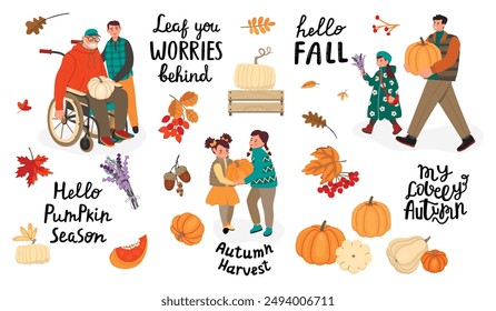 Autumn outdoor activities illustrations set.Grandfather with disabilities and grandson, father with daughter and two little girls.Handwritten,pumpkins and fall plants.Vector cartoon designs on white.