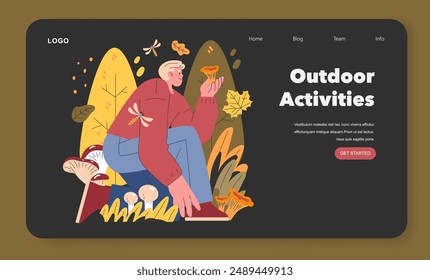 Autumn outdoor activity concept. A person admiring nature, holding a mushroom among falling leaves and fungi. Welcoming fall season. Vector illustration.