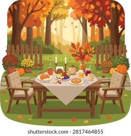 Autumn Outdoor Breakfast Table Set in Cozy Fall Backyard Garden with Seasonal Food Illustration