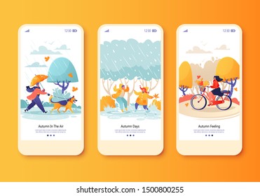 Autumn outdoor concept for website or web page. People and children walk in the rain,man walking dog, girl riding bike on warm autumn day. Template for mobile app page. onboard screen set.   