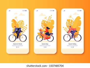 Autumn outdoor concept for website or web page. People riding bike on warm autumn day. Businessman, fashionable millenial girl and athlete enjoy cycling Template for mobile app page.