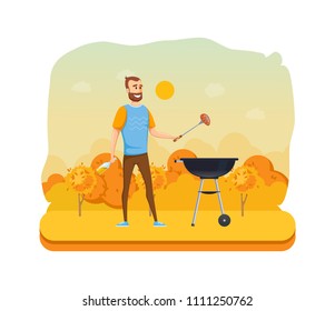 Autumn outdoor picnic in park. Mangal with barbecue, coals, sauces, condiments. Man is preparing fresh, delicious meat steak on grill. Barbecue grill meat, home dinner. Illustration in cartoon style.