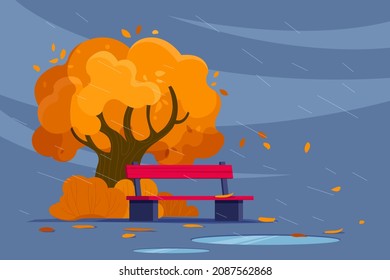 Autumn outdoor scene with bench under the tree. Rainy season, wind and fall of the leaves. Vector illustration in flat style