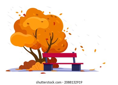 Herbstliche Outdoor-Szene mit Bank unter dem Baum. Regenzeit, Wind und Herbst der Blätter. Vektorgrafik in Flachstil
