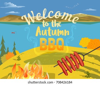 Autumn outdoors concept. Cartoon retro style poster. Welcome invitation to barbecue picnic. Season holiday leisure banner background. Mountain valley, lake. Vector flaming BBQ grill illustration