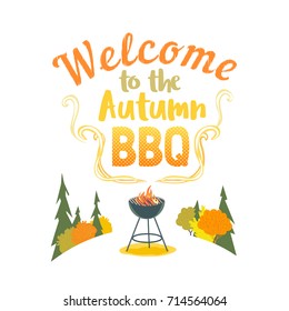 Autumn outdoors concept. Cartoon retro style poster. Welcome invitation to barbecue picnic. Season fall holiday leisure banner background. Fancy letters.  Indian summer vector BBQ grill illustration