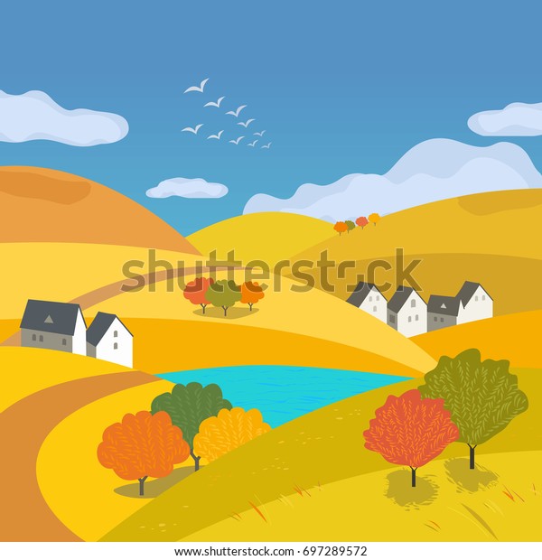 秋の自然の風景 フリーハンドで描いた漫画のスタイル 農家 牧草地や畑に曲がりくねった田舎道 田舎のコミュニティ 丘の間の湖の景色 ベクター村の国側の背景 のベクター画像素材 ロイヤリティフリー