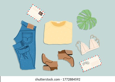 Autumn outfit flatlay. Trendy denim outfit. Hand-drawn  vector illustration. All elements are isolated on a blue background. Denim jeans, sweater, shoes and envelopes.