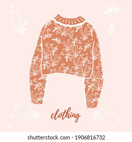 Autumn outfit flatlay. Trendy outfit. Hand-drawn vector illustration. All elements are isolated on a blue background. Cardigan, sweater