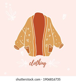 Autumn outfit flatlay. Trendy outfit. Hand-drawn vector illustration. All elements are isolated on a blue background. Cardigan, sweater