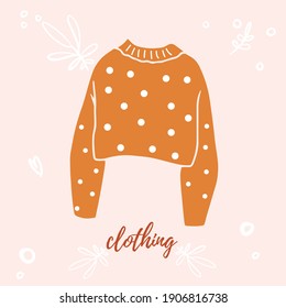 Autumn outfit flatlay. Trendy outfit. Hand-drawn vector illustration. All elements are isolated on a blue background. Cardigan, sweater