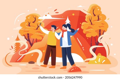 Autumn outing couples illustration Autumn characters outdoor activities photo shoot travel poster