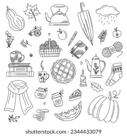 Autumn outline doodles. Hand drawn vector set of sketches: scarf, teapot, pumpkin pie, mushrooms, leaves, pumpkins. Autumn, hygge, harvest festival. Fall season elements for card, poster, sticker