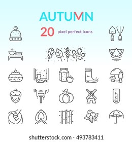 Autumn outline icon set of 20 thin modern and stylish icons. Dark line version. EPS 10. Pixel perfect icons.
