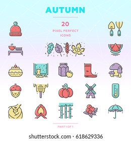 Autumn outline icon set of 20 thin modern and stylish icons. Color version. EPS 10. Pixel perfect icons.