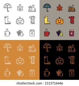 Autumn outline icons set. Collection of 4 version color fall related objects - halloween pumpkin, thanksgiving turkey, gumboot, umbrella, scarf, tea, harvest illustrations. Seasonal vector symbols.