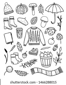 Autumn outline vector illustrations on white background. Hand drawn seasonal elements and symbols. Lifestyle hygge objects