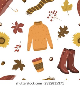 Autumn outwear items. Vector seamless pattern. Isolated on white background. Great for prints, textiles, and wrappers.