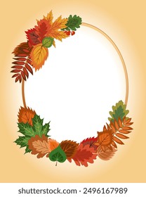 autumn oval frame, a lot of bright fallen leaves, ripe pumpkins, red apples and rowan berries in border with a empty center. colorful vector illustration on an autumn theme