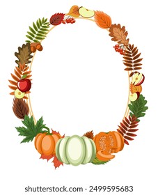 autumn oval frame, a lot of bright fallen leaves, ripe pumpkins, red apples and rowan berries in border with a empty center. colorful vector illustration on an autumn theme, isolated on white