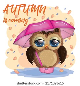 Autumn Owl with big eyes, in Boots, with pink umbrella. wear fashion design, greeting card, party invatation