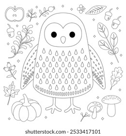 Autumn Owl Coloring Page with Nature Elements. Cute owl vector illustration surrounded by autumnal nature elements: pumpkins, mushrooms, leaves, and acorns. Perfect for seasonal coloring activities