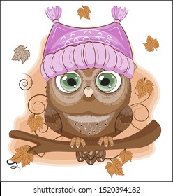 Autumn Owl with green eyes, on a branch in hat. The picture in hand drawing cartoon style, can be used for t-shirt print, wear fashion design, greeting card, party invitation
