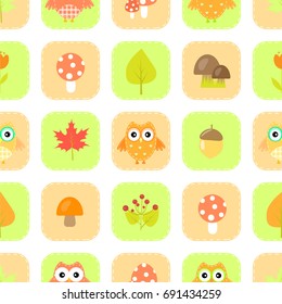 Autumn owl leaf berry seamless pattern vector