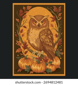 Autumn owl poster with pumpkins and fall foliage
