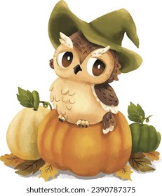 vector de dibujos animados de búho y calabaza de otoño